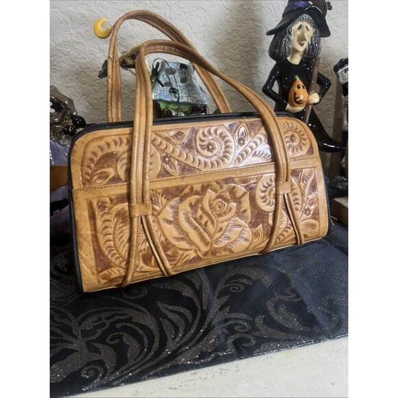 Vintage Corvi Piel Mexico Hand Tooled Aztec Calendar Floral Leather Handbag - Picture 2 of 16